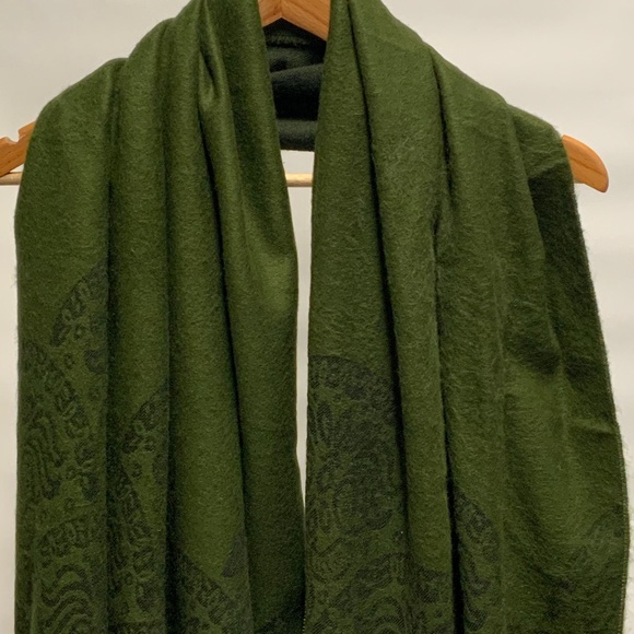 Olive Green & Black Print Scarf with Fringe - Picture 3 of 8